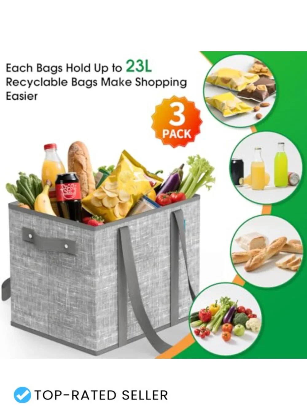 Reusable Grocery Bags, Large Foldable Shopping Tote with Reinforced Handles &